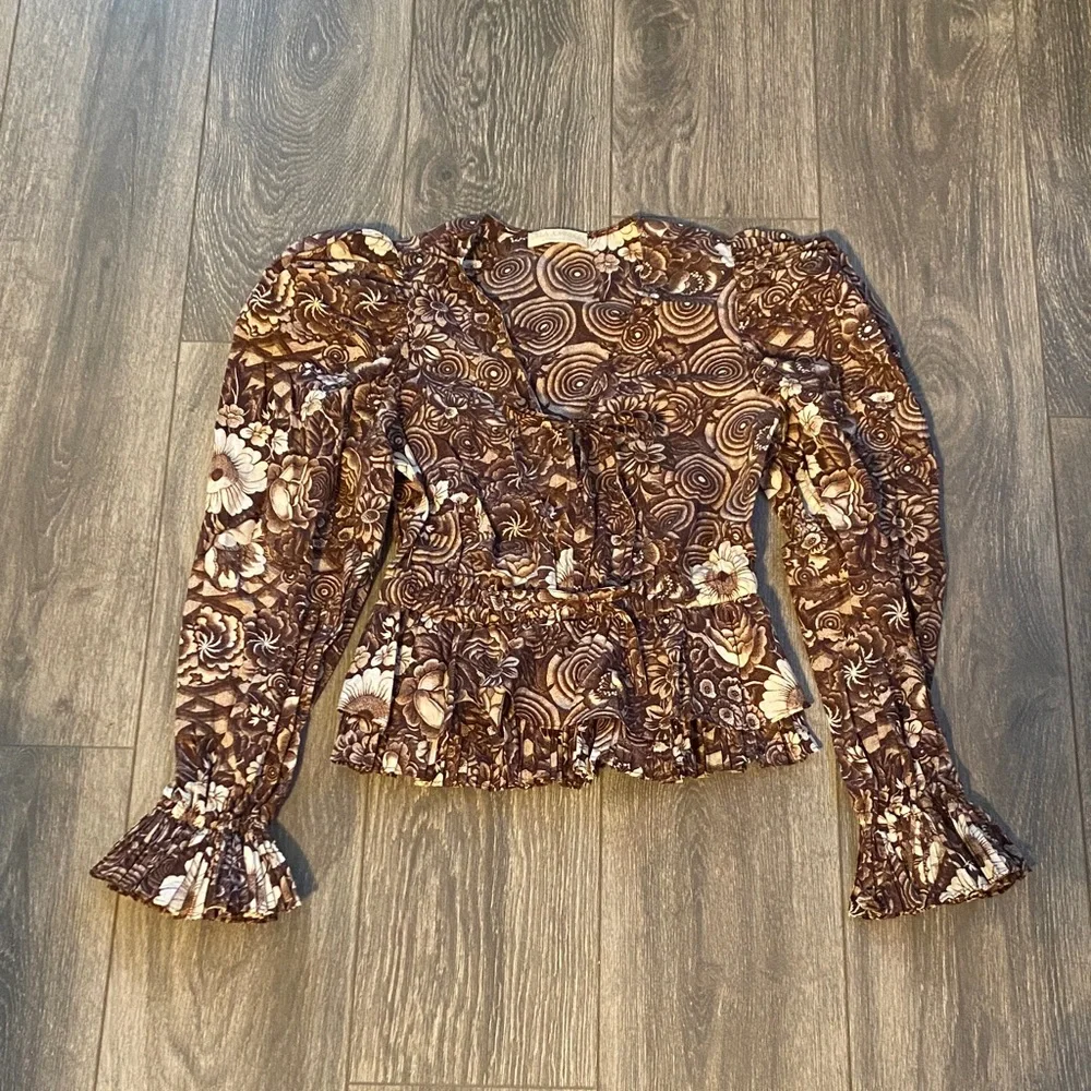 Ulla Johnson - 100% Cotton Brown Floral Long Sleeve Blouse - Size 0